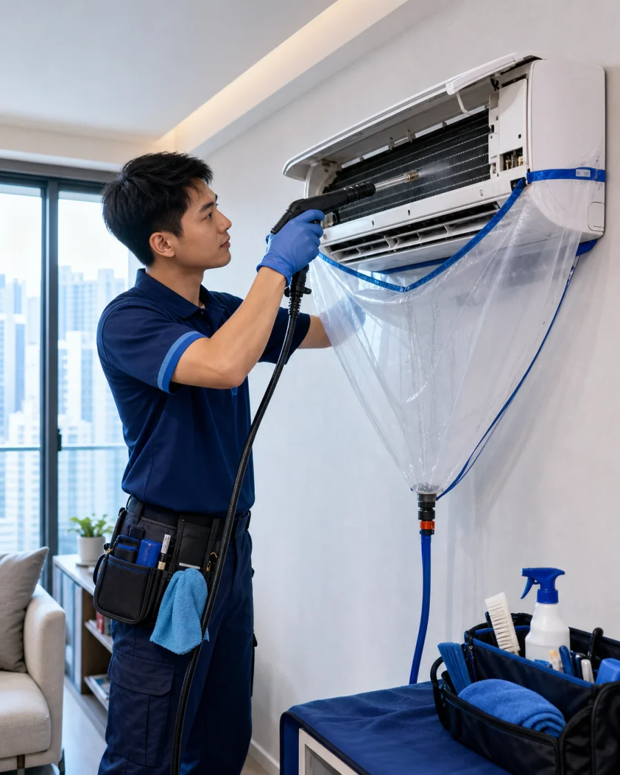 香港冷氣滴水清洗修理師為住宅分體式冷氣進行深層清洗